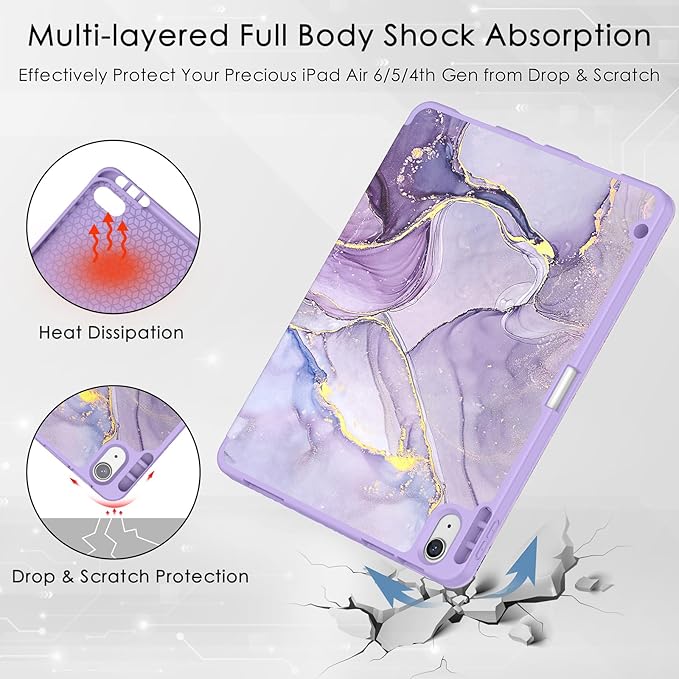 Soke Case for New iPad Air 11 Inch (M4/M3/M2, 2026-2024), iPad Air 5th/4th Generation 10.9 Inch (2020-2022) with Pencil Holder, Soft TPU Back Cover & Auto Sleep/Wake, Lilac Marble