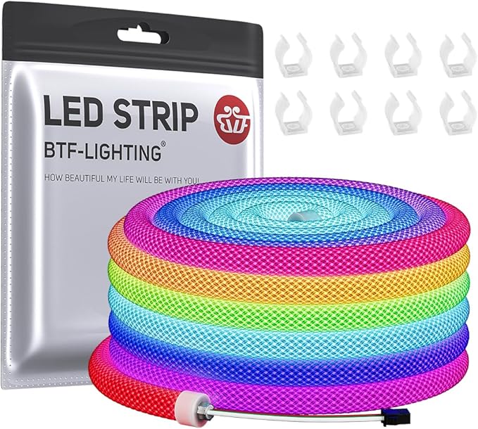 BTF-LIGHTING 13.1FT WS2811 WS2812B IC RGB DC5V 360 Degree Round Reticulate Pattern Chasing Color Neon LED Strip Flexible Nylon Silicone IP67 Waterproof Dream Color Rope Light(No Adapter or Controller)