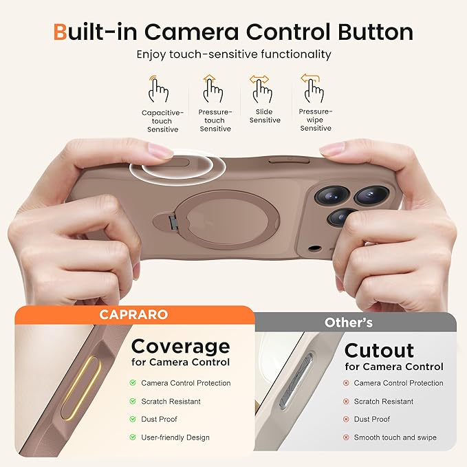 CAPRARO for iPhone 17 Pro Case with 360° Spin Magnetic Stand for Women, [Compatible with MagSafe] [Full Camera Protection] Cute Wave Translucent Matte Case for iPhone 17 Pro, Brown