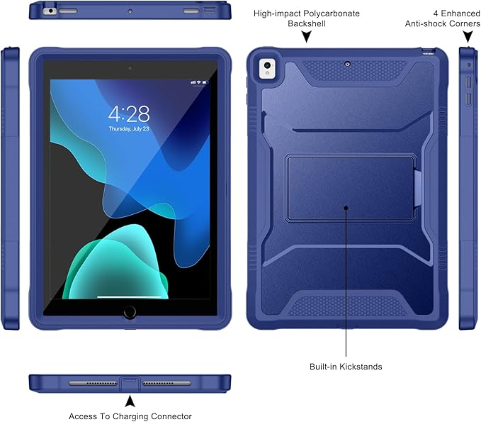Soke Case for iPad 6th/5th Generation 9.7 Inch 2018/2017,with Built-in Screen Protector and Kickstand, Rugged Full-Body Heavy Duty Protective Cover for Apple iPad Air 2 /Pro 9.7 - Navy