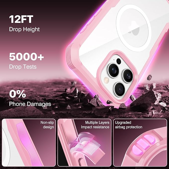 CENHUFO Magnetic Privacy for iPhone 16 Pro Case [Compatible with Magsafe] Full Body Phone Case Built-in 9H Tempered Glass Privacy Screen Protector and Camera Lens Cover, Shockproof Bumper - Pink
