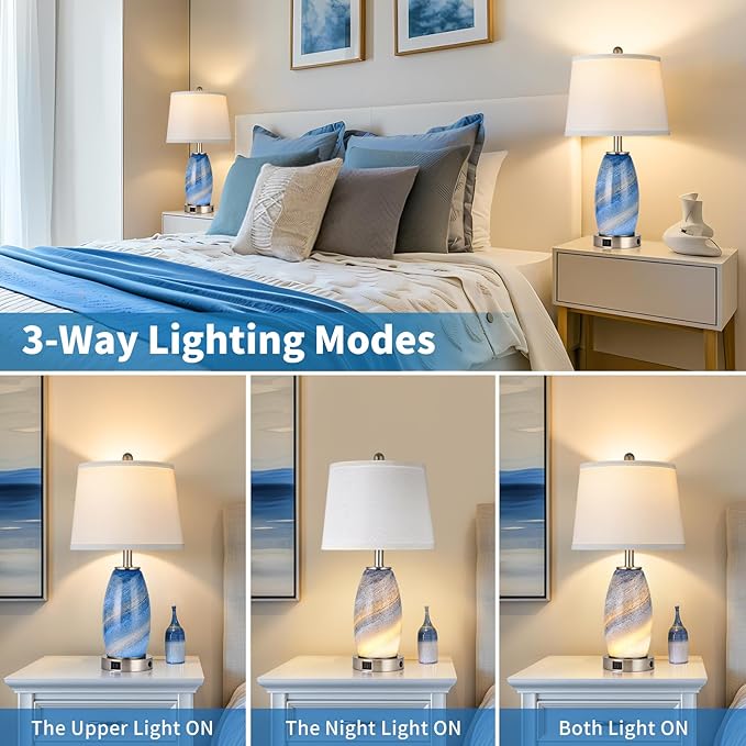 Lovlast Blue Lamps Set of 2 for Bedroom & Bedside with 3-Way Lighting Modes & USB C+A - Modern Style Glass Nightstand Table Lamps for Living Room & Bedroom Decoration (23.5" H)