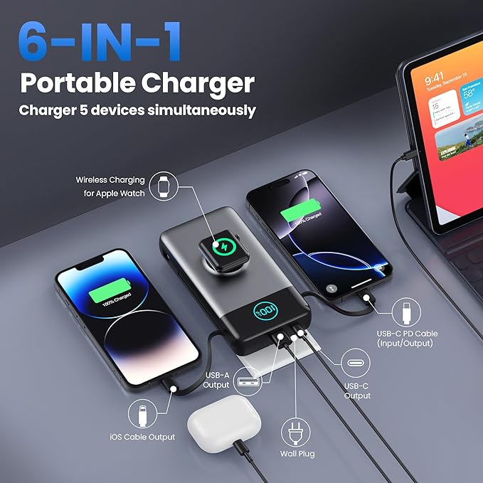 Portable Charger for iPhone, 40800mAh Power Bank with Built-in Cables & AC Wall Plug, All in One 5 Outputs USB C Fast Charging External Battery Pack for iPhone 17/16/15/14, Android, Travel Essential