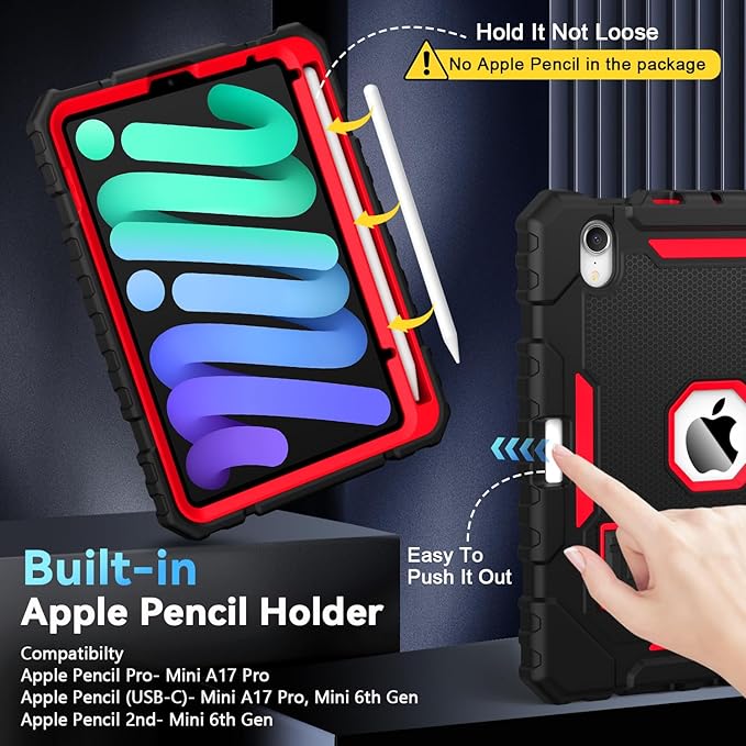 Grifobes Case for iPad mini 7 (A17 Pro) 2024 / Mini 6 2021 8.3 inch, Heavy Duty Shockproof Rugged Cover with Pencil Holder Stand, for I Pad Mini 7th/6th Gen 8.3" Case (Black+Red)