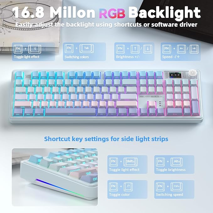 CORBOBO LINGBAO K108 Pro Wireless Mechanical Keyboard with Screen & Knob, Full Size Creamy Keyboard with Number Pad, 10000mAh Battery, PBT Keycaps, RGB Backlit, Hot-swappable Gaming Keyboards