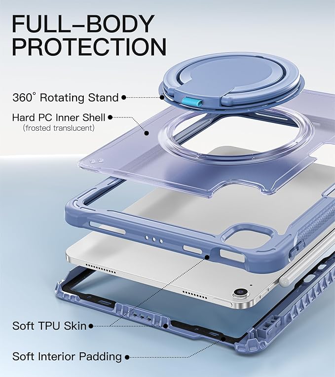 BATYUE Case for iPad Air 11-inch M4(2026)/M3(2025)/M2(2024), iPad Air 4/5 10.9" & Pro 11" 2018-2022 - Shockproof Case with 360° Rotating Stand & Handle, Pencil Holder, Shoulder Strap, Lavender