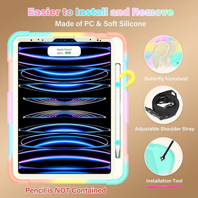 HOGENL for iPad Pro 11 inch Case for Kids Girl with Pencil Holder,for iPad Air 5th/4th Generation Case 10.9" with Butterfly Stand Shoulder Strap Protective Cover for pro 11 4th/3rd/2nd/1st, Colourful