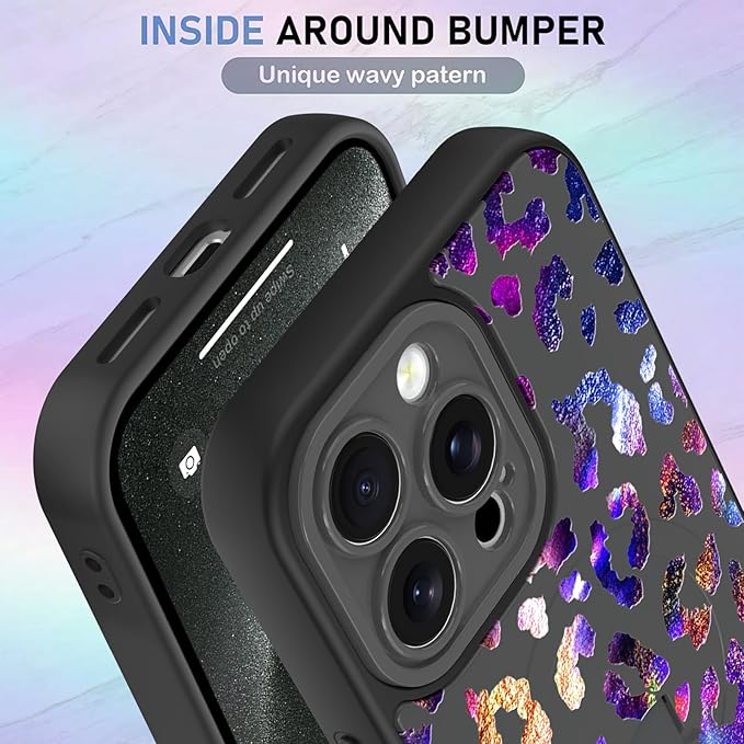 KANGHAR Compatible with iPhone 15 Pro Case, Support for MagSafe, Silicone Cute Iridescent Leopard Cheetah Pattern, Wristband Kickstand Shockproof Protective Slim Cover for Women Girls, Black