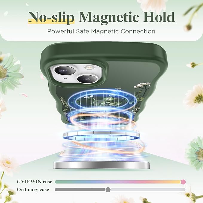 GVIEWIN Cute for iPhone 14 Case & iPhone 13 Case [Compatible with MagSafe][Curly Wave Edge]Floral Translucent Magnetic Shockproof Protective Phone Cover for iPhone 14/13 6.1'', Floratopia/Forest Green