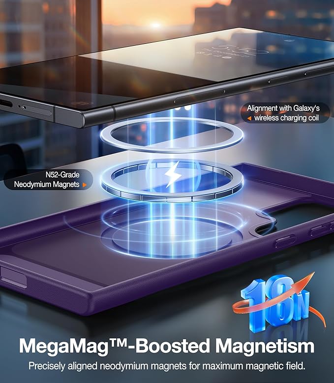 TORRAS Strong Magnetic & Seamless Stand for Samsung Galaxy S24 Ultra Case, Fit for MagSafe, Mil-Grade Drop Protection, Kickstand for Samsung Galaxy S24 Ultra Case, Translucent Back/Purple Edge