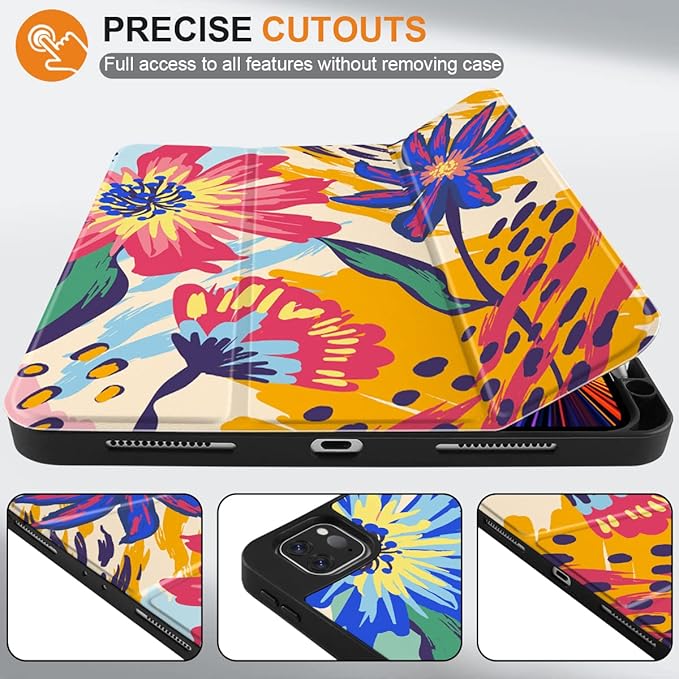 MEEgoodo for iPad Pro M2 12.9 Case 6th/5th/4th/3rd Generation 2022 2021 2020 2018 with Pencil Holder, Tablet Cover with Soft TPU Back Shell, Art Painted Flowers