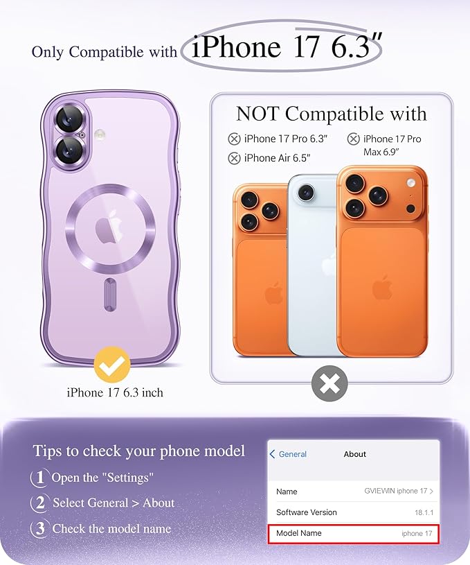 GVIEWIN for iPhone 17 Case Compatible with MagSafe, Upgraded [Full Camera Protection][Cute Wave Frame][Military Grade Protection] Electroplated Hard Phone Cover for Women Girl, Clear/Lilac Purple