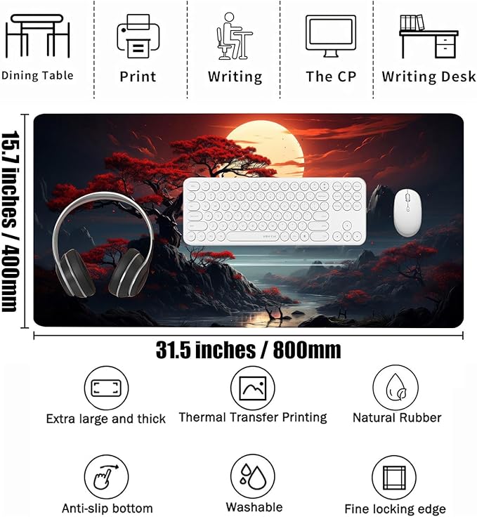 Japanese Dark Canyon Mouse Pad, Large Japanese Desk Mat, XXL Anime Gaming Keyboard Mat, Non-Slip Rubber Base & Stitched Edges, Big Extended Desk Protector for Home Office, 31.5”x15.7”