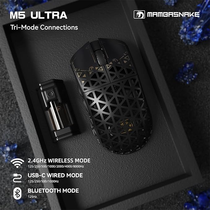 MAMBASNAKE M5 Ultra Carbon Fiber 8KHz Wireless Gaming Mouse,PAW3950MAX Sensor 42K DPI,39g Lightweight Tri-Mode 2.4GHz/BT/Wired Computer Mice,Web Driver Support,for Win/Mac/FPS/MOBA/Esports-Black (A)