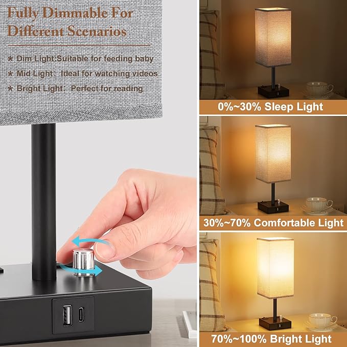 aooshine Gray Fully Dimmable Nightstand Lamps Set of 2 - Table Bedside Lamp with USB C+A Charging Ports & 2 AC Outlets, Square Lamp Sets Linen Fabric Shade for Bedroom Living Room(Bulb Included)