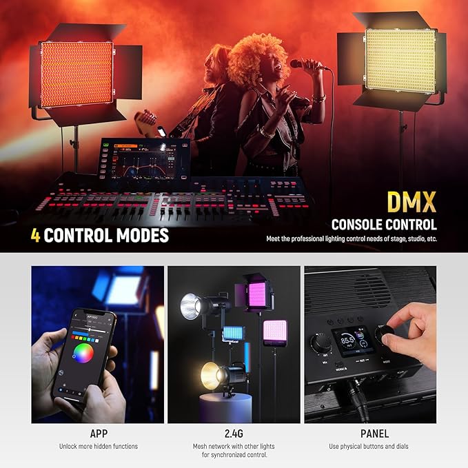 NEEWER 150W RGB LED Panel Video Light Kit with Barn Doors, 1800 LEDs 42500Lux/0.5m 2500K-10000K CRI96+/TLCI97+ 0-100% Dimming, APP/2.4G/Panel/DMX Control for Pro Studio Gaming Lighting, AP150C