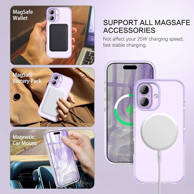 BENTOBEN Magnetic for iPhone 17 6.3" Case, Compatible with Magsafe Military Shockproof Protective Bumper Cute Transparent Slim Anti-Yellowing Women Girl Men Phone Case for iPhone 17 Cover,Clear Purple