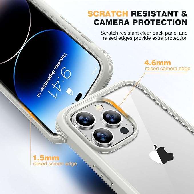 Diaclara Designed for iPhone 14 Pro Max Case 6.7’’, Full Body Rugged Phone Case w/Built-in Sensitive Anti-Scratch Screen Protector+9H Tempered Glass Camera Lens Protector(White)
