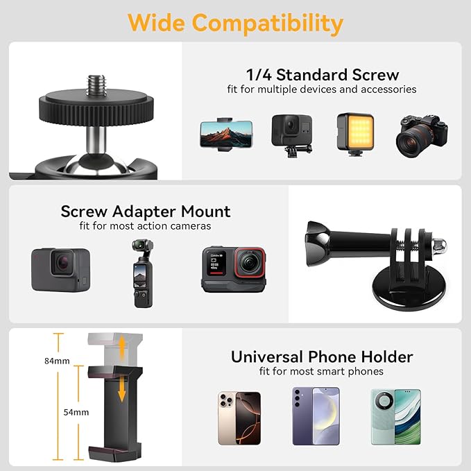UTEBIT 66mm Strong Magnetic Base Mount for Action Camera, Magnet Camera Mount with 360° Rotation Ball Head & Phone Holder Mount, Compatible with Gopro Hero, DJI Osmo Action Osmo Nano, Insta360, Black