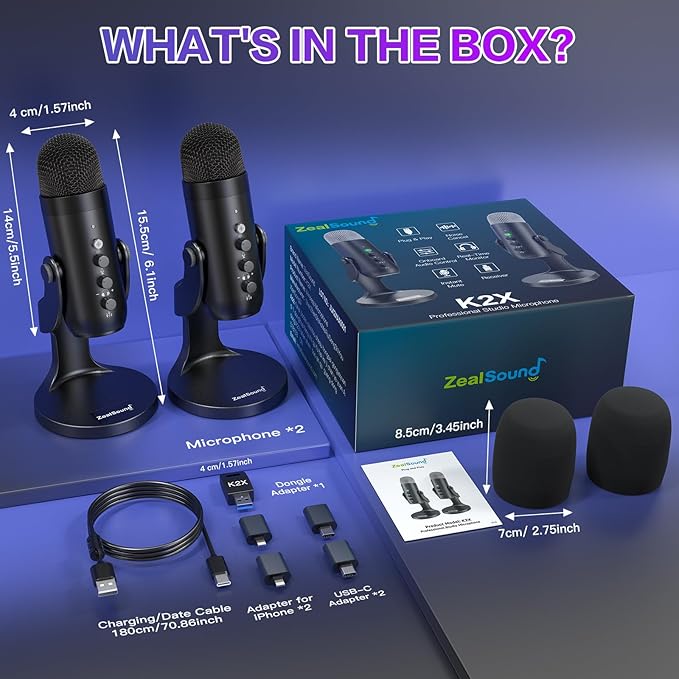 ZealSound Podcast Microphone, Podcast Equipment Bundle for iPhone PC iPad Android, Dual Wireless USB Mic 2.4GHz with Noise Reduction, Tap to Mute, Monitor Gain for Streaming, Recording, YouTube,TikTok