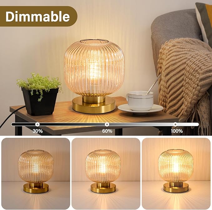 Mid Century Globe Table Lamp: Amber Vintage Pumpkin Ribbed Glass Dimmable Plug in Bedside Lamps - Cute Brass Gold Modern Side Table Lamp Nightstand Light for Bedroom Entryway Office Desk Living Room