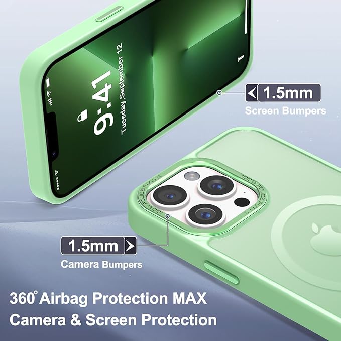 Newfuture Designed for iPhone 13 Pro Max Case with Magnetic [13 FT Military Drop Protection] [Compatible with Magsafe] Slim Translucent Matte Shockproof with Anti-Fingerprint Phone Case, Matcha Green