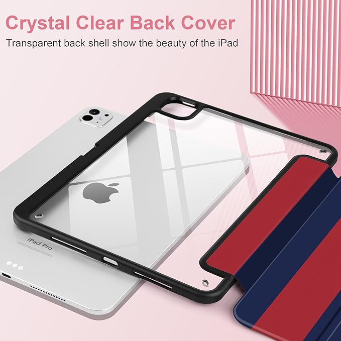 Case for iPad Pro 11 inch (M5) 2025 (M4) 2024 Release Slim Lightweight Stripe Design Cover with Clear Back TPU Edge Pencil Holder Trifold Stand, Red Blue Stripes