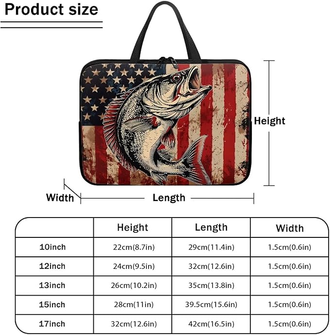 American Flag Fish Laptop Sleeve, Shockproof Laptop Tote Bag, Computer Bag Fits Up to 17 Inch, Zipper Tablet Sleeves Carrying Case for 4th of July USA 250 Years, Notebook Briefcase