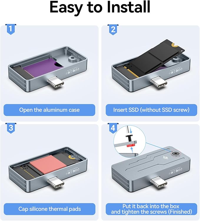 JEYI 2242/2230 M.2 NVME SSD Enclosure, USB C 10Gbps External Housing Adapter Case, Tool-Free Installation, Compatible with Windows/macOS/Linux