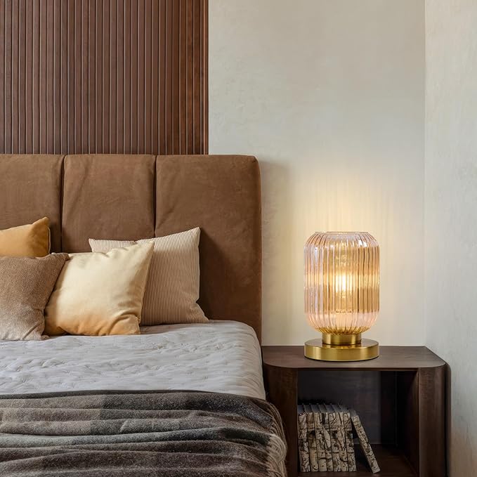 Mid Century Modern Table Lamp: Vintage Amber Ribbed Glass Globe Dimmable Plug in Small Bedside Lamps - Cute Brass Gold Side Table Lamp Nightstand Light for Bedroom Entryway Office Desk Living Room