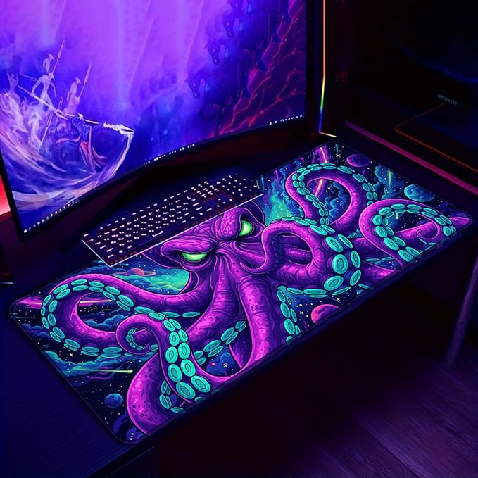 Blacklight Octopus Mouse Pad – UV Reactive Neon Tentacle Galaxy Desk Mat, Glow in The Dark Extended Gaming Mousepad with Colorful Cosmic Kraken Art for Gamers, Room Decor - 31.5" x 11.8"