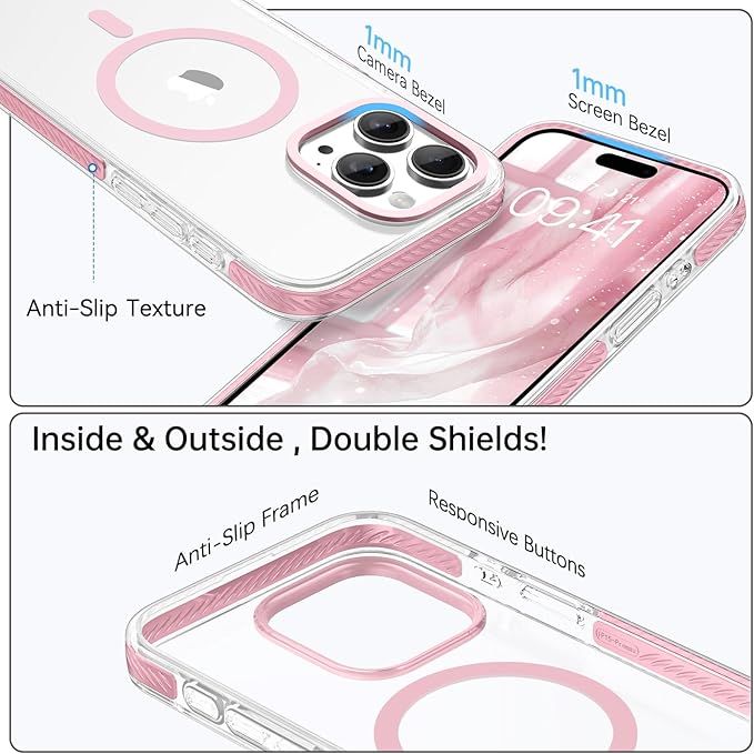 BENTOBEN Magnetic for iPhone 15 Pro Max Case 6.7", Compatible with Magsafe Military Shockproof Protective Bumper Cute Transparent Slim Anti-Yellowing Case for iPhone 15 Pro Max Cover, Clear Pink