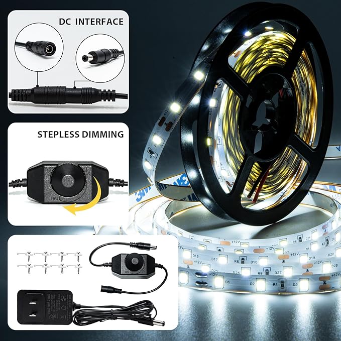 10ft White LED Strip Lights,12V Dimmable Tape Lighting with Infrared Remote,SMD 2835 LEDs Adhesive Ribbon Light,Connectable,Cuttable,Indoor Rope Light for Room Bedroom Cabinet