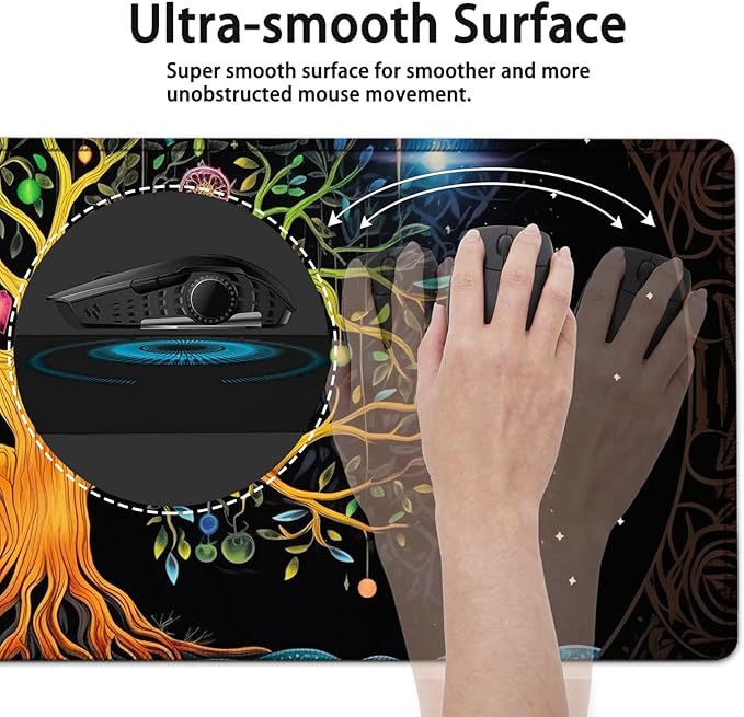 Large Mouse Pad, 31.5 x 11.8in Extended Gaming Mouse Pad with Stitched Edges, XXL Mousepad Protector Non Slip Rubber Base for Office and Home Writing Mat, Colorful Tree of Life Pattern Black Desk Mat
