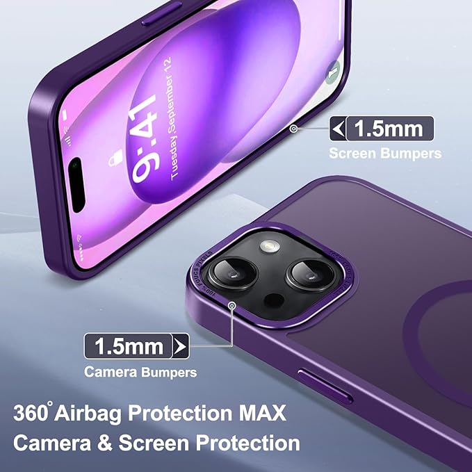 Newfuture Magnetic for iPhone 15 Case [Compatible with Magsafe] [Military Grade Drop Protection] Translucent Matte Anti-Fingerprint Shockproof Phone Case for iPhone 15 6.1 inch, Deep Purple