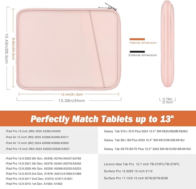 MoKo 13 Inch Tablet Sleeve Bag, Compatible with New 13 Inch iPad Pro M5 & Air M4/M3, iPad Pro 12.9 inch M2&M1, Galaxy Tab S8+/S9+ 12.4", Waterproof Bag Carrying Case with Pocket, Pink