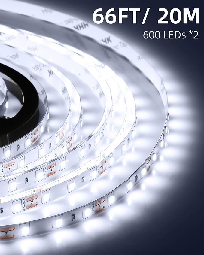 66ft LED Strip Lights with Remote, 6500K Daylight White Dimmable Tape Lights, 12V 1200 LEDs 2835 Strong Adhesive Rope Lights for Cabinet Kitchen Ceiling Closet Vanity Mirror Stairway Basement
