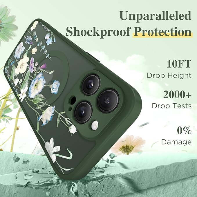 GVIEWIN for iPhone 16 Pro Max Case Compatible with MagSafe, [Military Grade Protection] [Screen Protector] Full Camera Protection Floral Translucent Women Magnetic Phone Case, Aquilegia/Forest Green