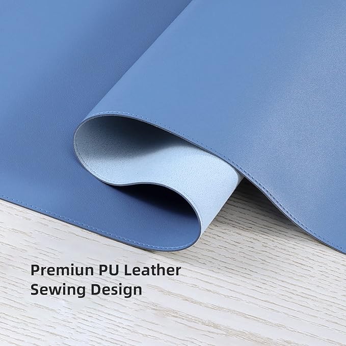 Wolaile Faux Leather Desk Pad Blotter,Water and Slip Resistant Writing Desk Protector Mat,Blue Large Mouse Pad for Desktop/Office Home Table Cover,36x17 in