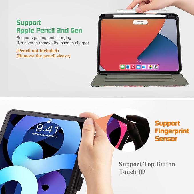 for iPad Air 11 Inch Case M4/M3/M2 2026/2025/2024, Black Flower for iPad Pro 11 Inch Case 4Th/3Rd/2Nd/1St Generation, for iPad Air 5Th/4Th Gen Cases 10.9 Inch Pencil Holder/Hand Strap/Pocket