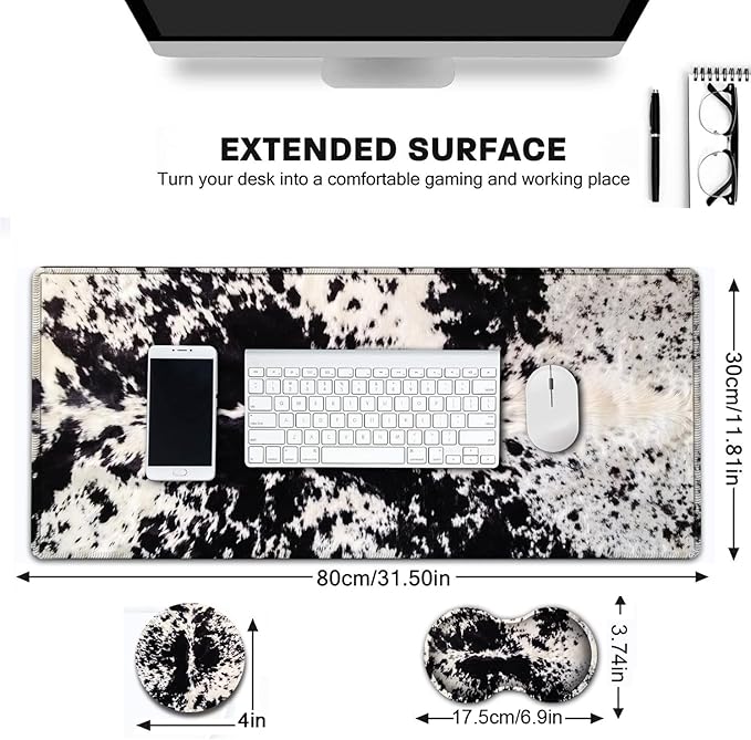 Large Gaming Mouse Pad, Extended Waterproof Desk Pad Protector (31.5" x 11.8") Ergonomics Memory Foam Mouse Wrist Rest Support, for Home Office Laptop, Black and White Cowhide Fur XXL Mouse Mat