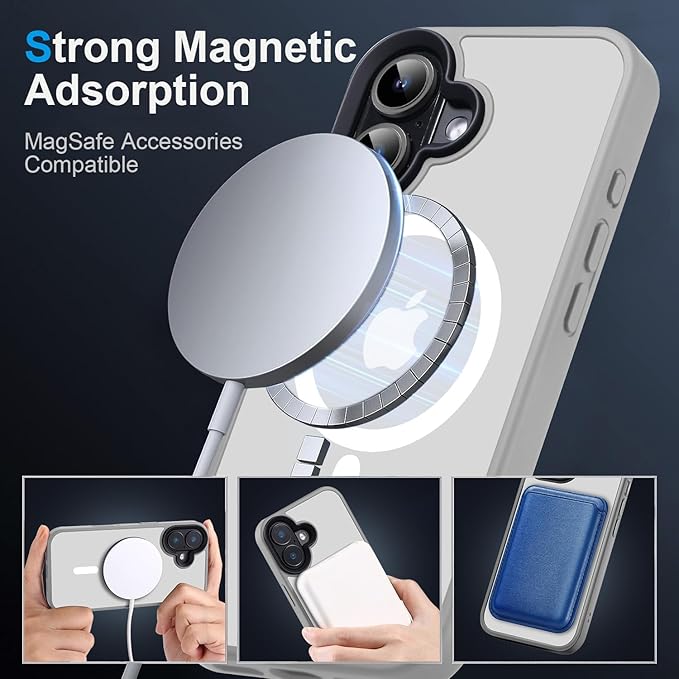 Magnetic for iPhone 16 Case [10FT-Grade Drop Tested & Compatible with MagSafe] Translucent Anti-Fingerprint Shockproof Protective Cover 6.1 Inch,Gray
