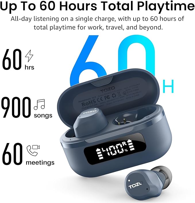 TOZO NC9 Hybrid Noise Cancelling Wireless Earbuds, Bluetooth 5.3 Ear Buds, 6 Mic ENC, IPX8 Waterproof, 60H Playtime, App EQ