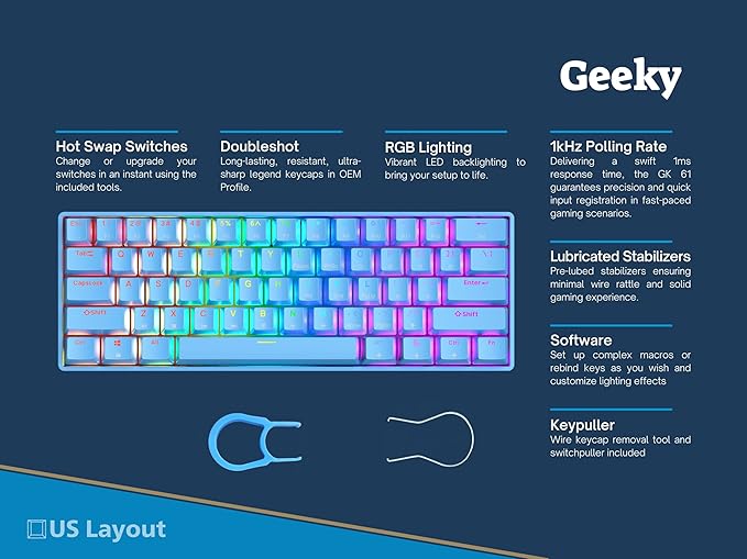 Geeky GK61 60% | Hot Swappable Mechanical Gaming Keyboard | 61 Keys Multi Color RGB LED Backlit for PC/Mac Gamer | ANSI US American Layout (Blue, Mechanical Brown)