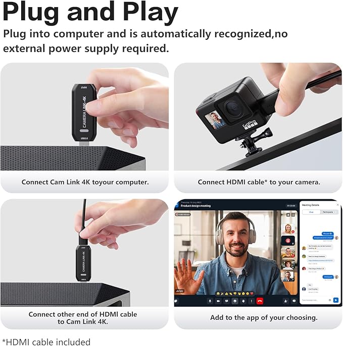 VIXLW Cam Link 4K – External Capture Card for DSLR Camcorder ActionCam as Webcam, HDMI to USB 3.0, Meet/Stream/Record in 4K60/1080p120, Easy Connect for OBS/Zoom, Windows/Mac