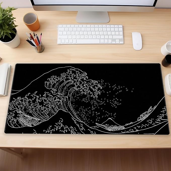Japanese Great Wave Off Kanagawa Gaming Mouse Pad - XL Extended Ukiyo-e Art Desk Mat, Non-Slip Waterproof Rubber Base & Stitched Edges, 31.5 x 15.7 Inch Large Computer Mousepad