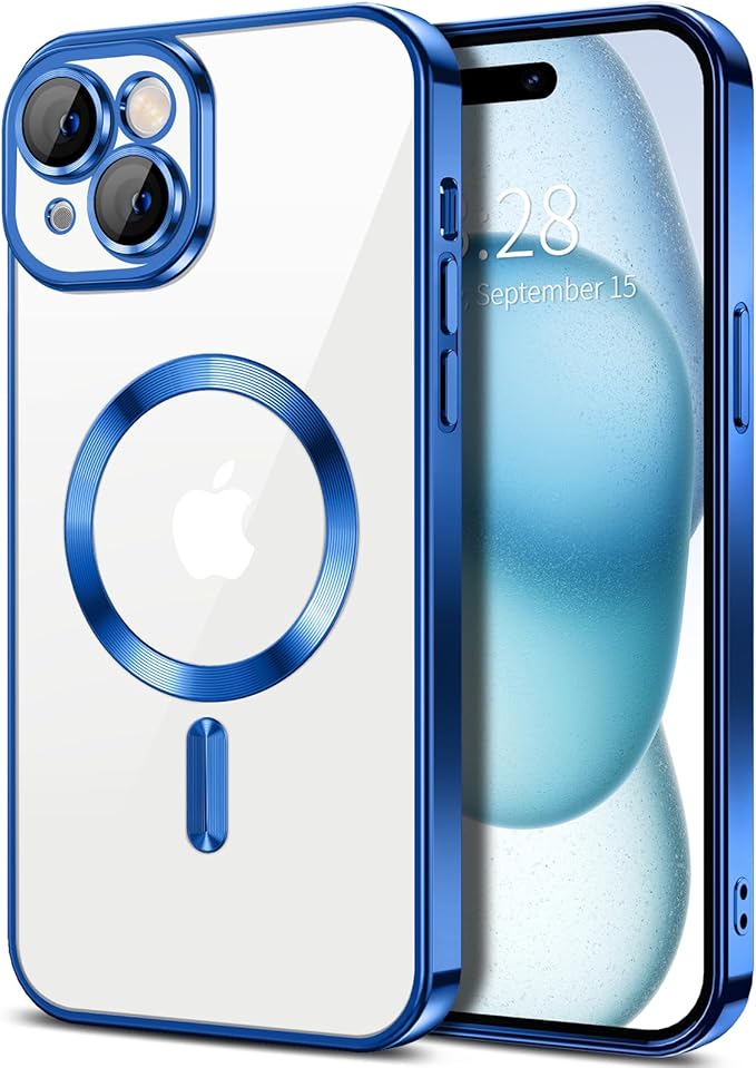 Hython Magnetic Clear for iPhone 15 Plus Case with Camera Lens Protector [Compatible with MagSafe] Luxury Plating Edge Slim Soft TPU Cover Protective Phone Case for iPhone 15 Plus 6.7", Deep Blue