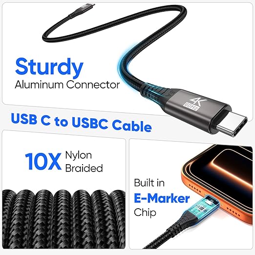 20 FT USB C Cable Long USB C 3.2 Gen 2 Cord 20FT, Full-Featured USBC to C Fast Charging/Monitor Video/Data Cable(4K@60Hz,100W, 10Gbps) for USB‑C Hub VR,iPhone 17-15 PM,Sam-sung,MacBook Pro,Camera-6M