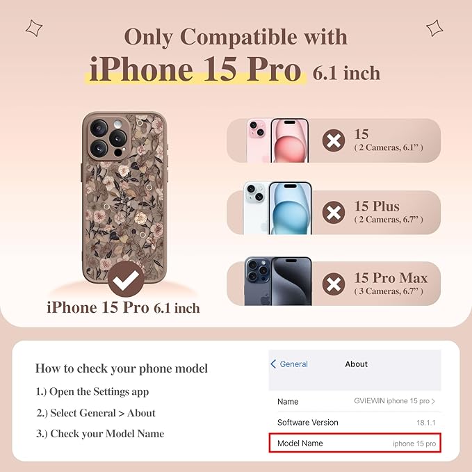 GVIEWIN for iPhone 15 Pro Case Compatible with MagSafe, [Military Grade Protection] [Screen Protector] Full Camera Protection Floral Translucent Women Magnetic Phone Case, Apricot Blossom/Brown