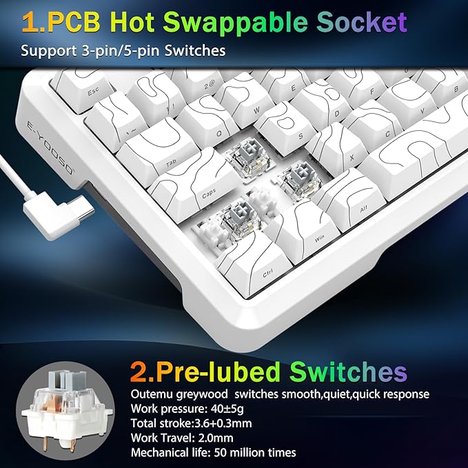 E-YOOSO Wired Creamy Mechanical Keyboard, RGB Backlit, Hot Swappable Pre-lubed Linear Switches, Gasket Structure, Knob Control, 75% Portable Compact Custom Gaming Keyboard, White